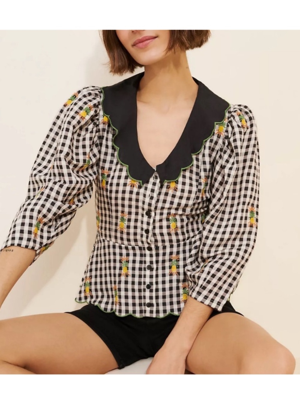 Farm Rio X Anthro & White Gingham Scallop Collar Blouse with Floral Embroidery